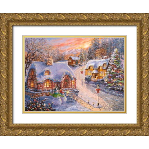 Winter Cottage Glow Gold Ornate Wood Framed Art Print with Double Matting by Boehme, Nicky