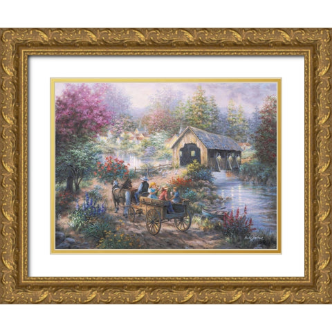 Merriment At Covered Bridge Gold Ornate Wood Framed Art Print with Double Matting by Boehme, Nicky