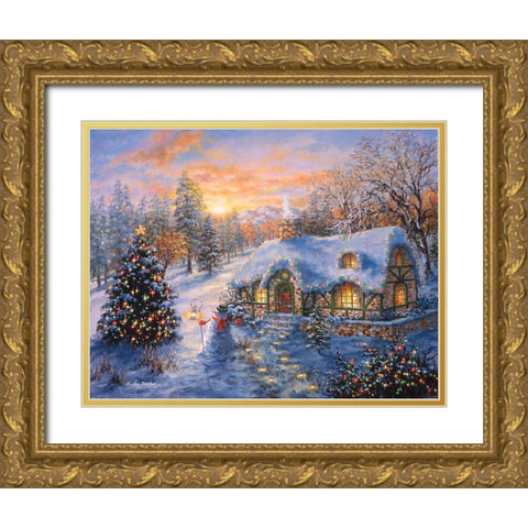 Christmas Cottage Gold Ornate Wood Framed Art Print with Double Matting by Boehme, Nicky