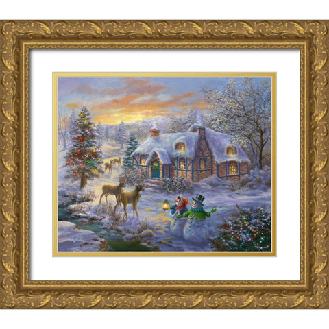 Christmas Cottage Gold Ornate Wood Framed Art Print with Double Matting by Boehme, Nicky