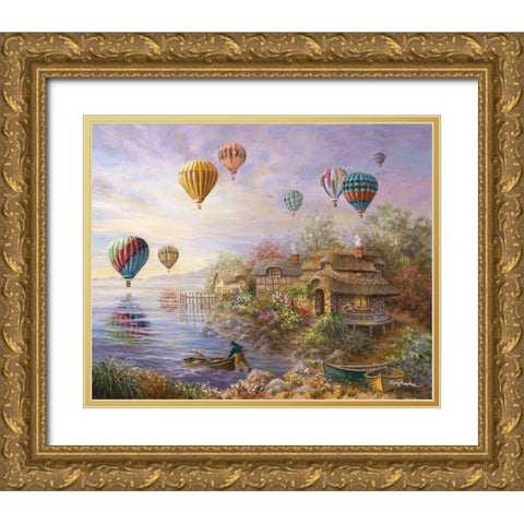 Air Balloons over Cottageville Gold Ornate Wood Framed Art Print with Double Matting by Boehme, Nicky