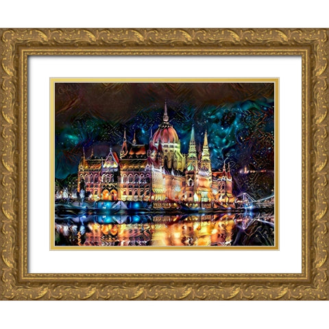 Budapest Hungary Parliament at night Gold Ornate Wood Framed Art Print with Double Matting by Gavidia, Pedro