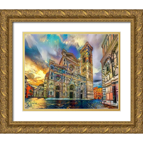 Florence Italy Cathedral of Saint Mary of the Flower Ver3 Gold Ornate Wood Framed Art Print with Double Matting by Gavidia, Pedro