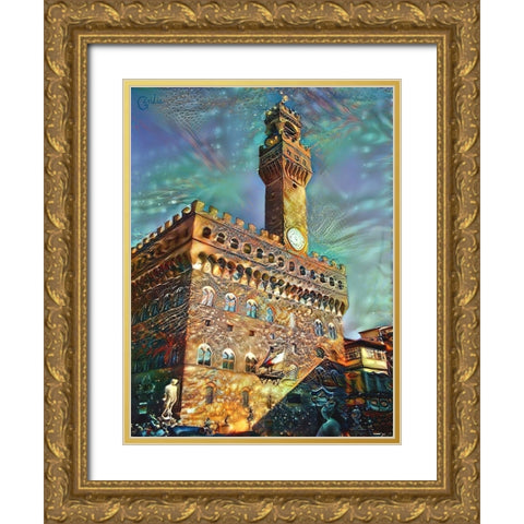 Florence Italy Palazzo Vecchio Gold Ornate Wood Framed Art Print with Double Matting by Gavidia, Pedro