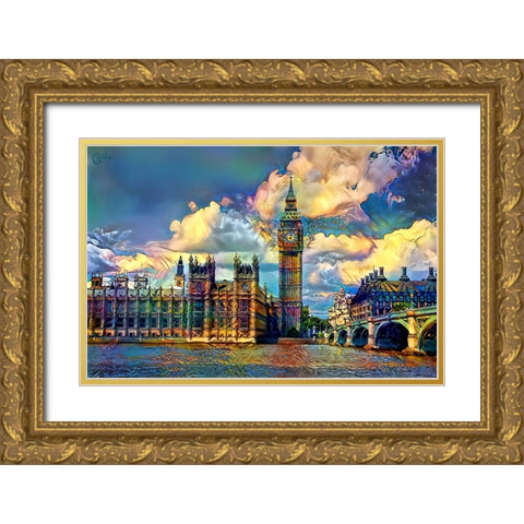 London England Big Ben and Parliament Gold Ornate Wood Framed Art Print with Double Matting by Gavidia, Pedro