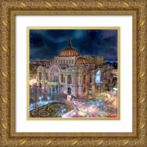 Mexico City Palace of Fine Arts at night Gold Ornate Wood Framed Art Print with Double Matting by Gavidia, Pedro