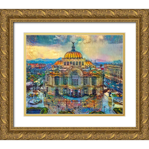 Mexico City Palace of Fine Arts in the rain Gold Ornate Wood Framed Art Print with Double Matting by Gavidia, Pedro