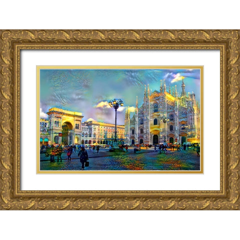 Milan Italy Piazza del Duomo Gold Ornate Wood Framed Art Print with Double Matting by Gavidia, Pedro
