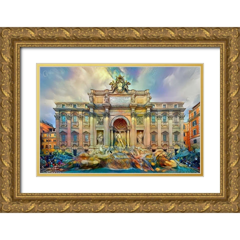 Rome Italy Trevi Fountain Gold Ornate Wood Framed Art Print with Double Matting by Gavidia, Pedro