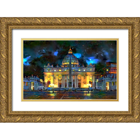 Vatican City Saint Peter Basilica at night Gold Ornate Wood Framed Art Print with Double Matting by Gavidia, Pedro