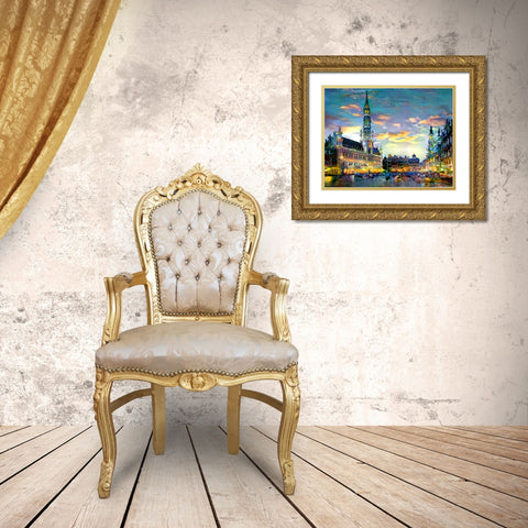 Brussels Belgium Night Gold Ornate Wood Framed Art Print with Double Matting by Gavidia, Pedro