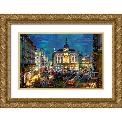 Milan Italy Piazza Cardusio Night Gold Ornate Wood Framed Art Print with Double Matting by Gavidia, Pedro
