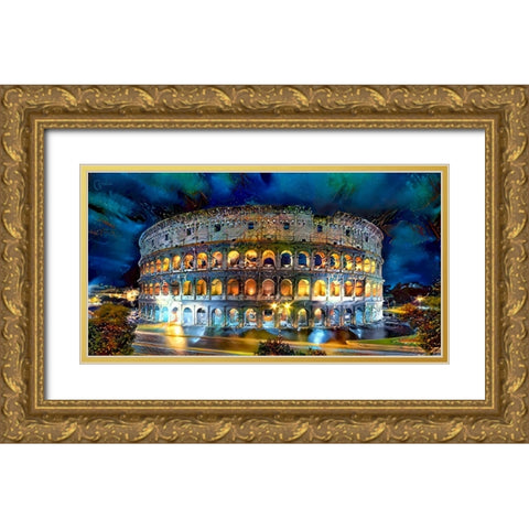 Rome Italy Coliseo Night 2022 Gold Ornate Wood Framed Art Print with Double Matting by Gavidia, Pedro
