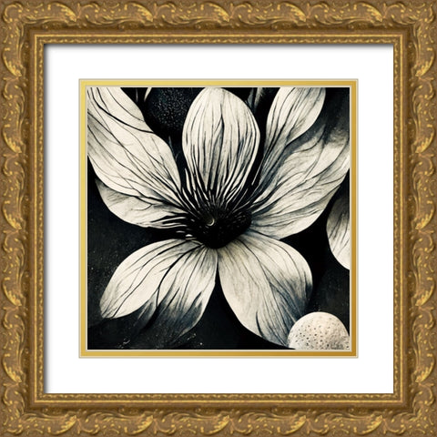 B005 Flowers Black White Gold Ornate Wood Framed Art Print with Double Matting by Heere, Ray