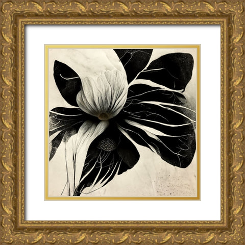 B008 Flowers Black White Gold Ornate Wood Framed Art Print with Double Matting by Heere, Ray