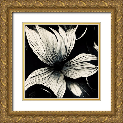 B010 Flowers Black White Gold Ornate Wood Framed Art Print with Double Matting by Heere, Ray