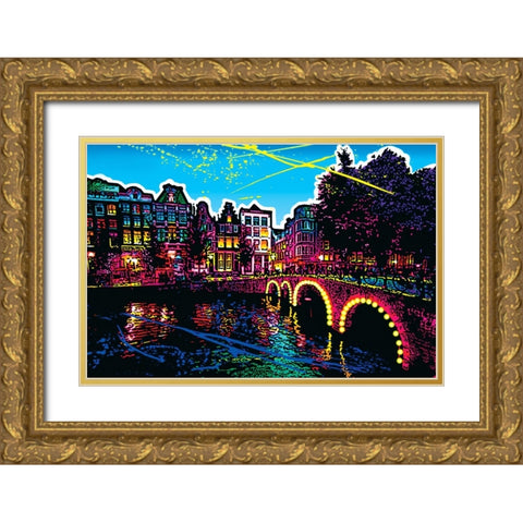 C007 Colorful Cityview Of Amsterdam Herengracht Gold Ornate Wood Framed Art Print with Double Matting by Heere, Ray