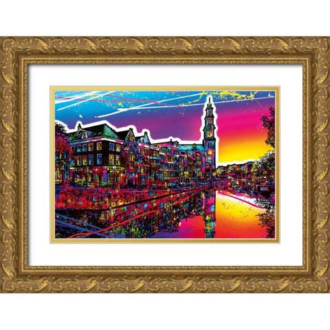 C008 Colorful Cityview Of Amsterdam Westertoren Gold Ornate Wood Framed Art Print with Double Matting by Heere, Ray