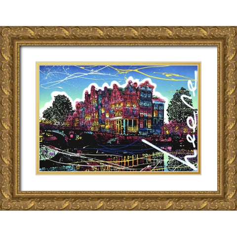 C009 Colorful Cityview of Brouwersgracht In Amsterdam Gold Ornate Wood Framed Art Print with Double Matting by Heere, Ray