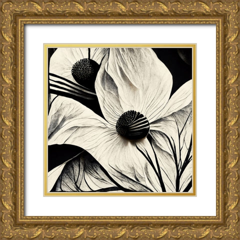 B015 Flowers Black White Gold Ornate Wood Framed Art Print with Double Matting by Heere, Ray