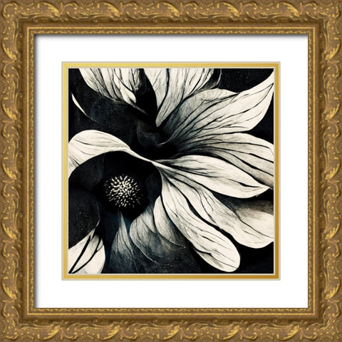 B018 Flowers Black White Gold Ornate Wood Framed Art Print with Double Matting by Heere, Ray