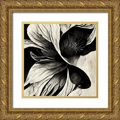 B020 Flowers Black White Gold Ornate Wood Framed Art Print with Double Matting by Heere, Ray