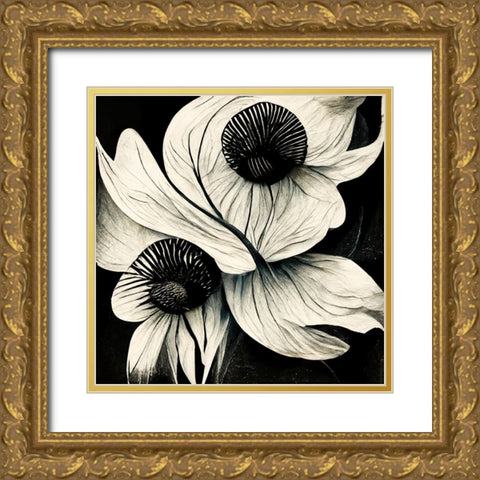 B021 Flowers Black White Gold Ornate Wood Framed Art Print with Double Matting by Heere, Ray
