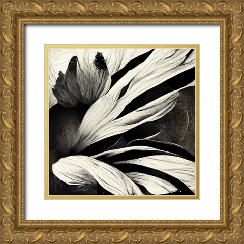 B035 Flowers Black White Gold Ornate Wood Framed Art Print with Double Matting by Heere, Ray