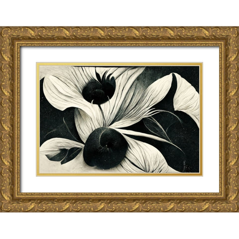 B042 Flowers Black White Gold Ornate Wood Framed Art Print with Double Matting by Heere, Ray