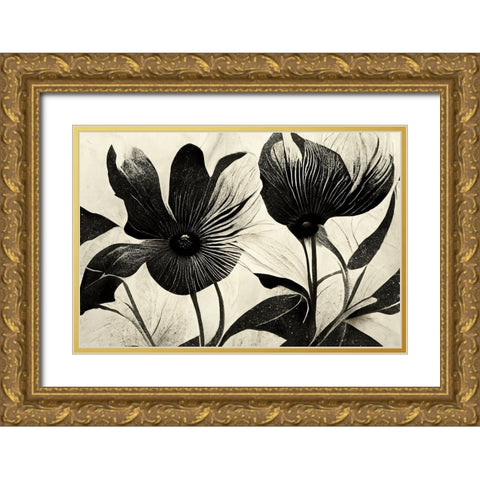 B046 Flowers Black White Gold Ornate Wood Framed Art Print with Double Matting by Heere, Ray