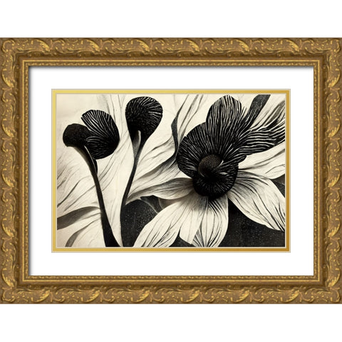 B051 Flowers Black White Gold Ornate Wood Framed Art Print with Double Matting by Heere, Ray
