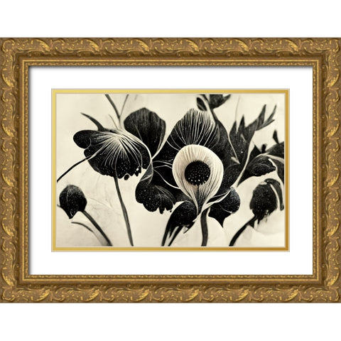 B052 Flowers Black White Gold Ornate Wood Framed Art Print with Double Matting by Heere, Ray