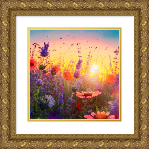 H004 Flowering Fields Gold Ornate Wood Framed Art Print with Double Matting by Heere, Ray