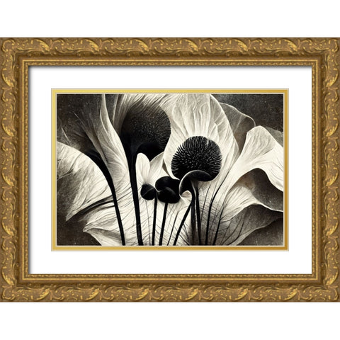 B064 Flowers Black White Gold Ornate Wood Framed Art Print with Double Matting by Heere, Ray