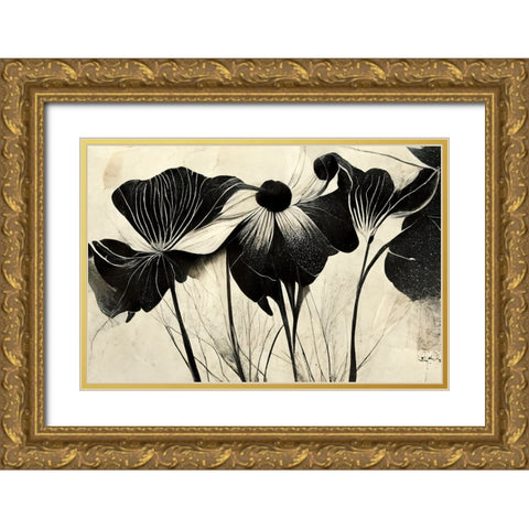 B066 Flowers Black White Gold Ornate Wood Framed Art Print with Double Matting by Heere, Ray