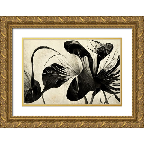 B068 Flowers Black White Gold Ornate Wood Framed Art Print with Double Matting by Heere, Ray