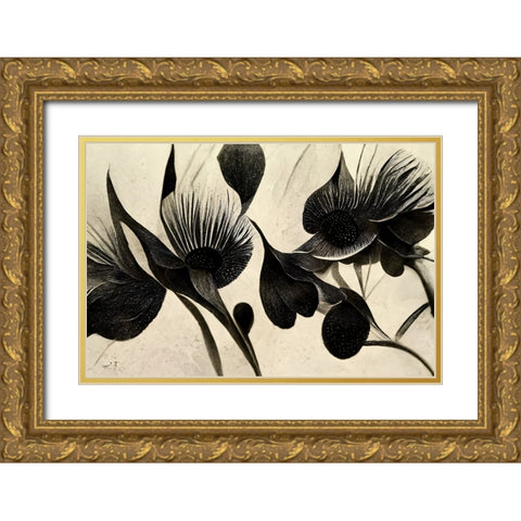 B069 Flowers Black White Gold Ornate Wood Framed Art Print with Double Matting by Heere, Ray