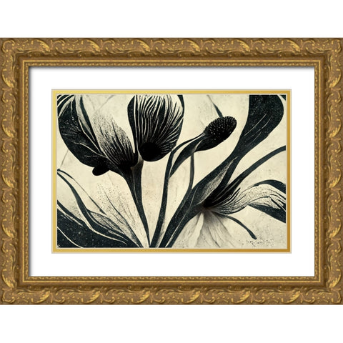 B072 Flowers Black White Gold Ornate Wood Framed Art Print with Double Matting by Heere, Ray