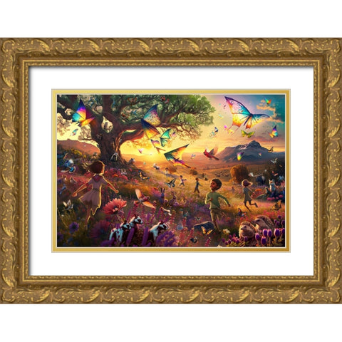 Kite Running 1 Gold Ornate Wood Framed Art Print with Double Matting by Heere, Ray