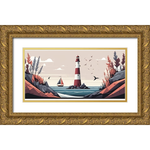 Mid Century Coastal Scenes 41 Gold Ornate Wood Framed Art Print with Double Matting by Heere, Ray