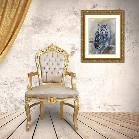 Great Horned Owl Gold Ornate Wood Framed Art Print with Double Matting by Gould, Renee