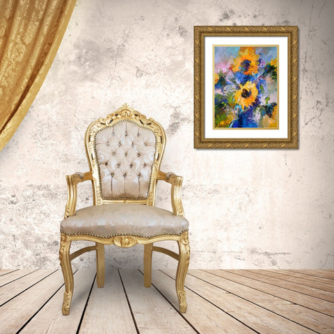 Sunflowers In Blue Vase Gold Ornate Wood Framed Art Print with Double Matting by Wallich, Richard