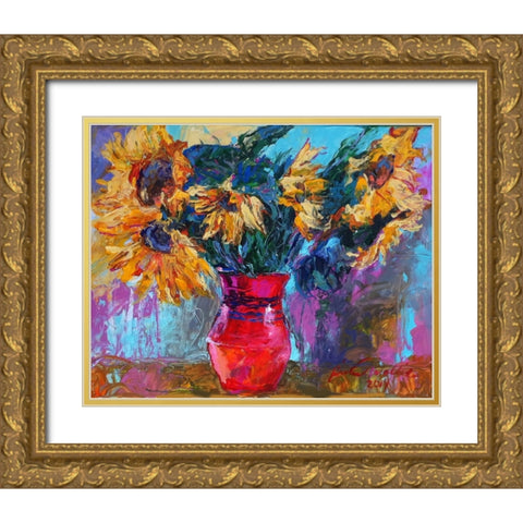 Sunflowers In Red Vase Gold Ornate Wood Framed Art Print with Double Matting by Wallich, Richard