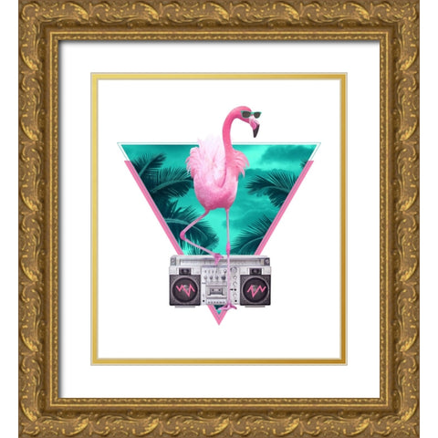 Miami Flamingo Gold Ornate Wood Framed Art Print with Double Matting by Farkas, Robert