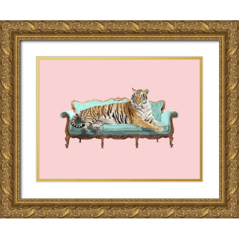 Lazy Tiger Gold Ornate Wood Framed Art Print with Double Matting by Farkas, Robert