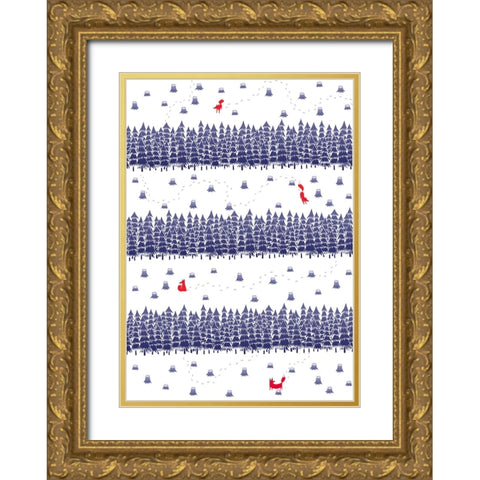 Winter Foxes Stripes Gold Ornate Wood Framed Art Print with Double Matting by Farkas, Robert