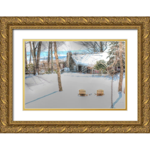 Winter Adirondak Chairs Gold Ornate Wood Framed Art Print with Double Matting by Goldwitz, Robert