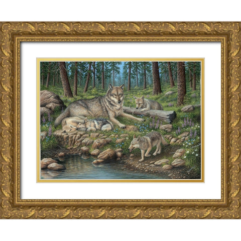 Grey Wolf Mother And Pups Gold Ornate Wood Framed Art Print with Double Matting by Wavra, Robert
