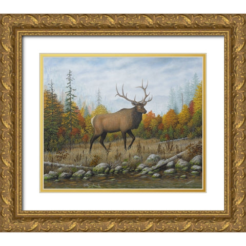 Autumn Elk Gold Ornate Wood Framed Art Print with Double Matting by Wavra, Robert