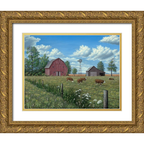 Grazing Cattle Gold Ornate Wood Framed Art Print with Double Matting by Wavra, Robert